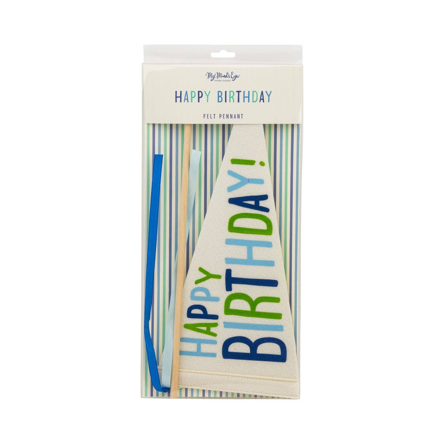 Happy Birthday felt pennant cake topper packaging showing blue and green lettering banner decoration available at our Toronto party shop.