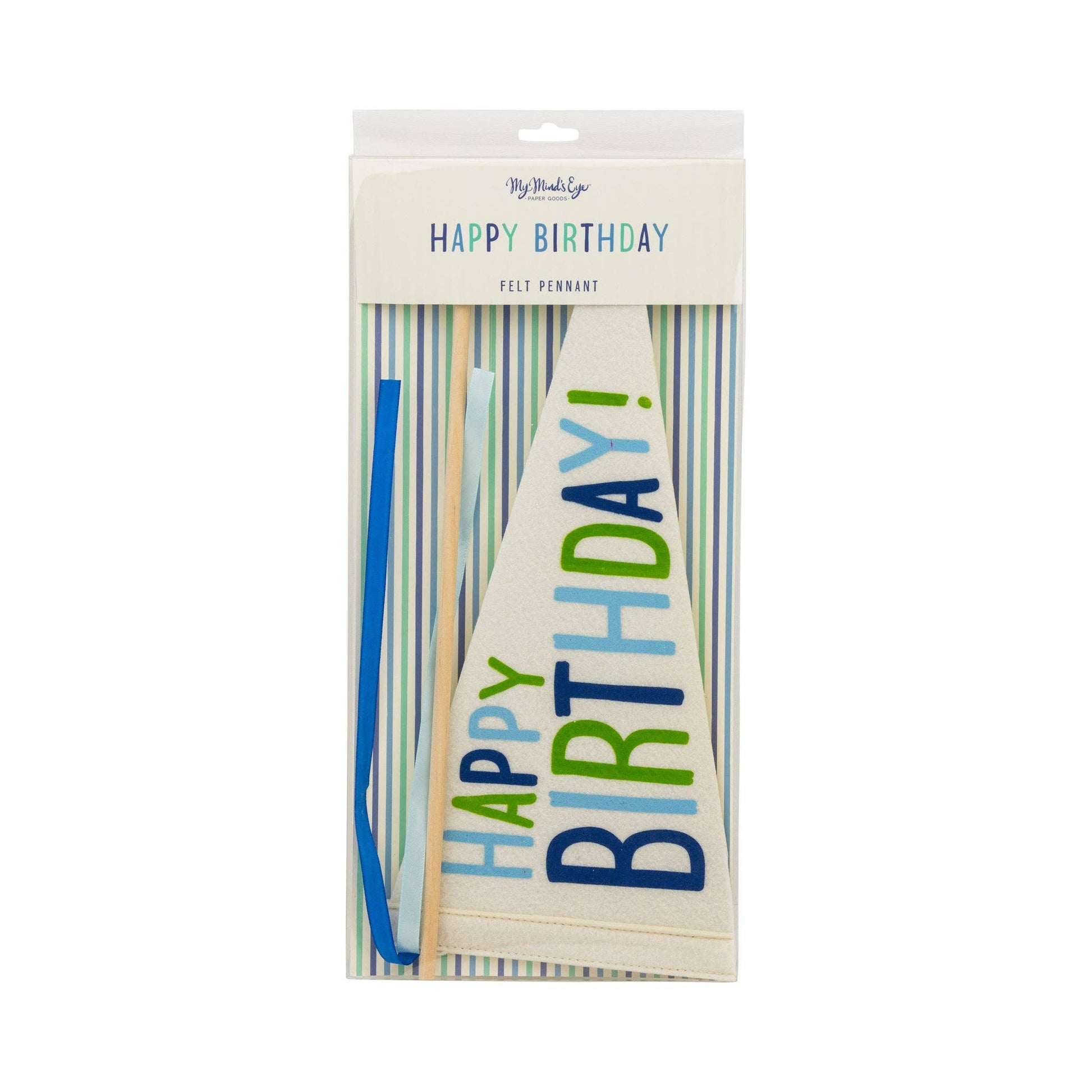Happy Birthday felt pennant cake topper packaging showing blue and green lettering banner decoration available at our Toronto party shop.