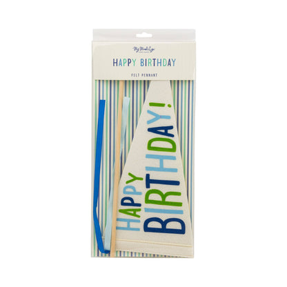 Happy Birthday felt pennant cake topper packaging showing blue and green lettering banner decoration available at our Toronto party shop.