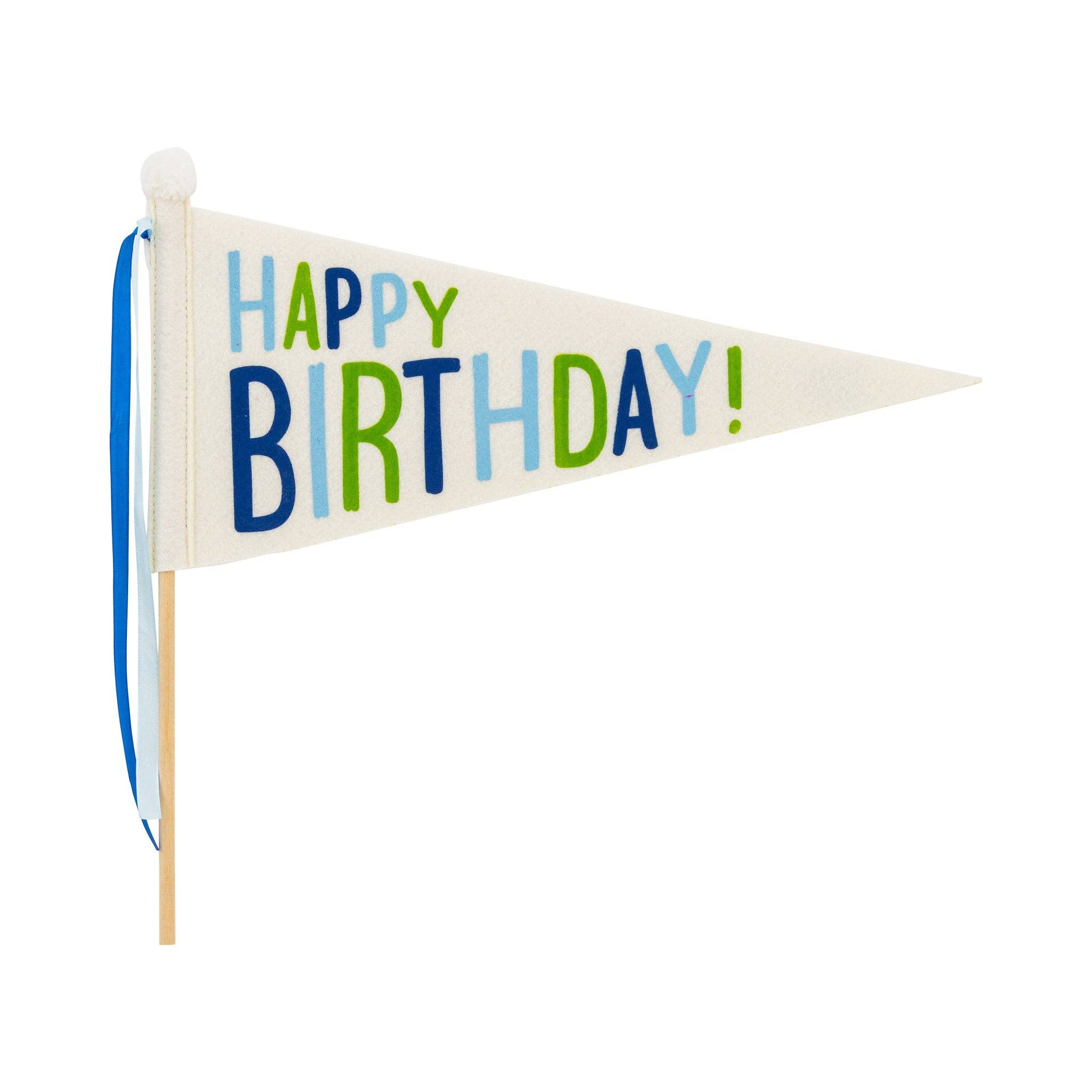 Felt Happy Birthday pennant cake topper with blue and green lettering on a cream flag, playful cake decoration available at our Toronto party shop.