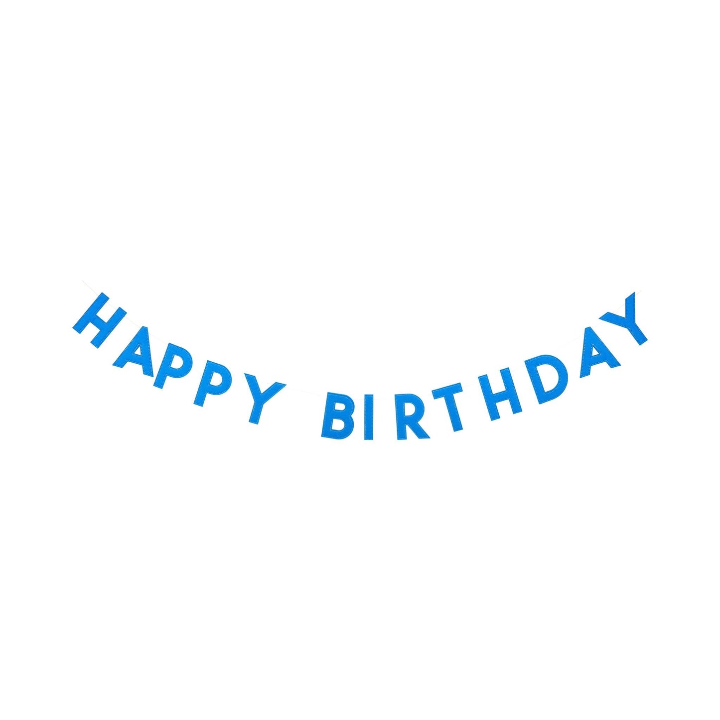 Blue Happy Birthday felt banner with puffy stitched letters strung on white cord, birthday decoration available at our Toronto party shop.