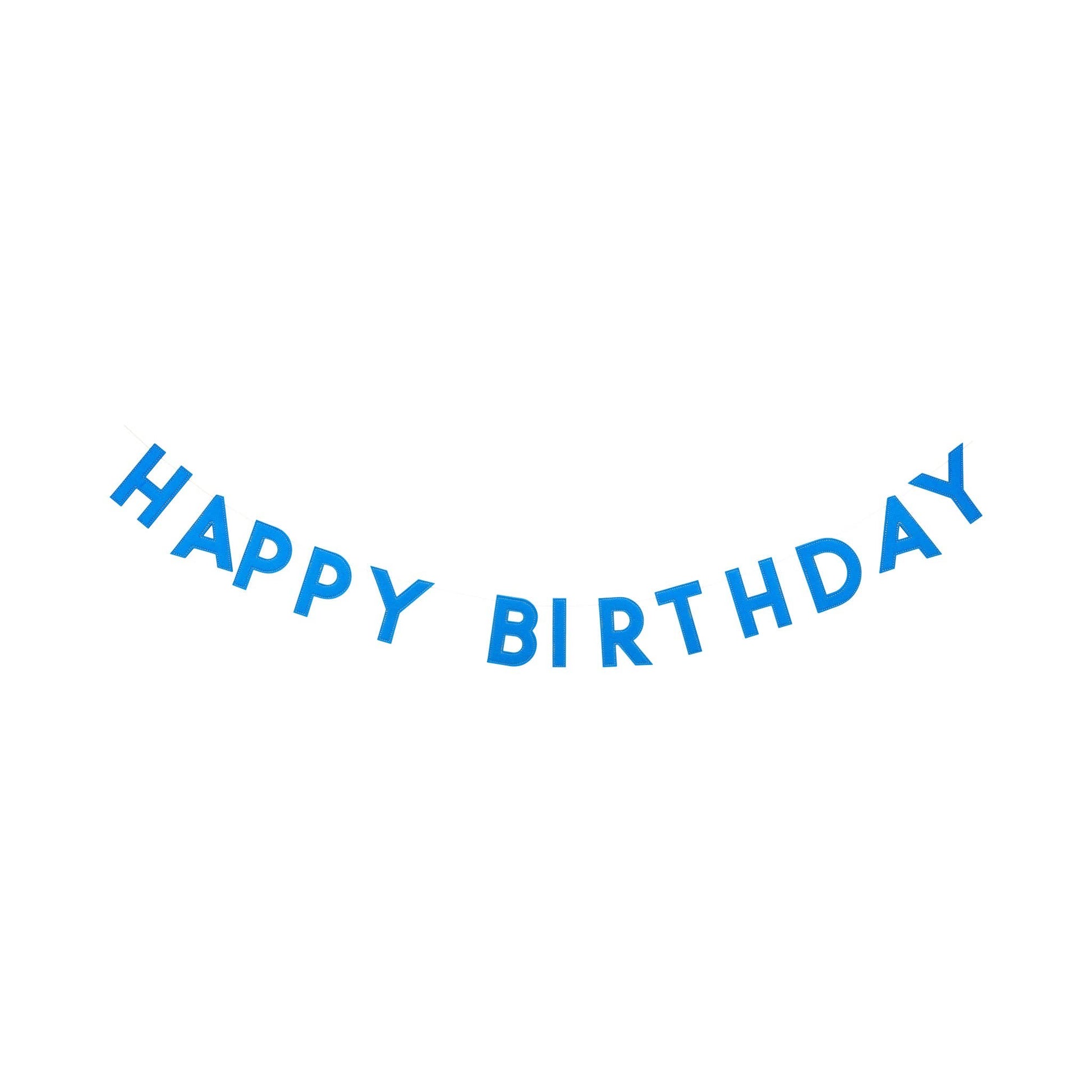 Blue Happy Birthday felt banner with puffy stitched letters strung on white cord, birthday decoration available at our Toronto party shop.