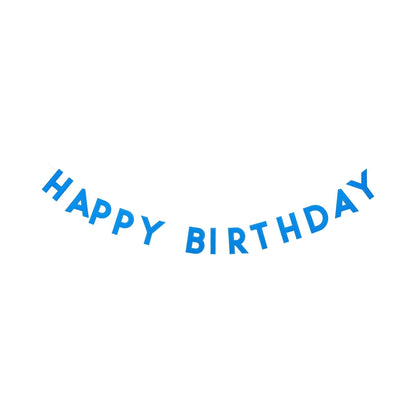 Blue Happy Birthday felt banner with puffy stitched letters strung on white cord, birthday decoration available at our Toronto party shop.