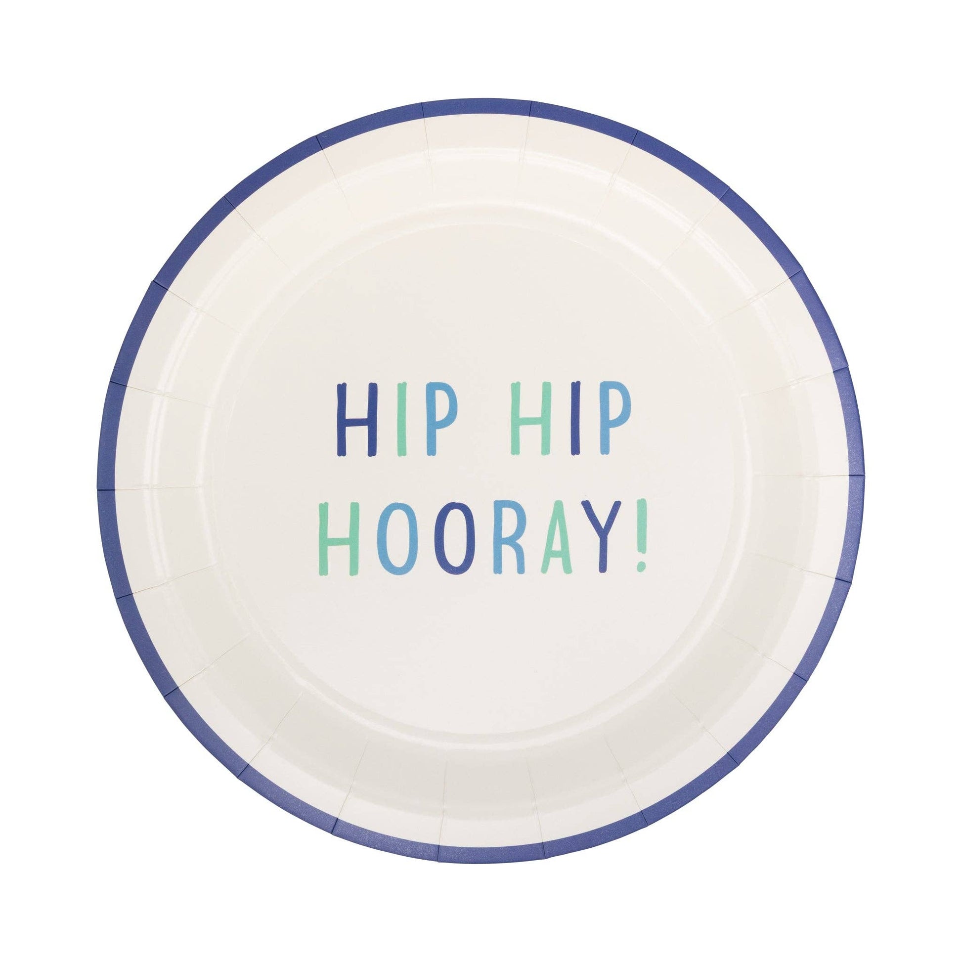 Hip Hip Hooray paper party plate with blue rim and blue and mint lettering available at our Toronto party shop.