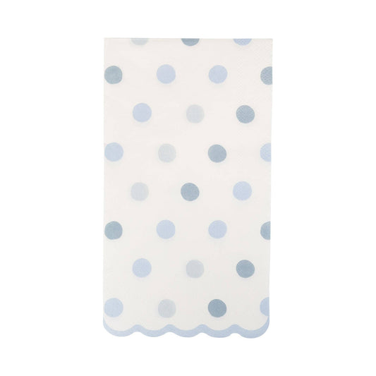 Blue and white polka dot dinner napkin with scalloped edge, perfect for Toronto baby showers and parties.