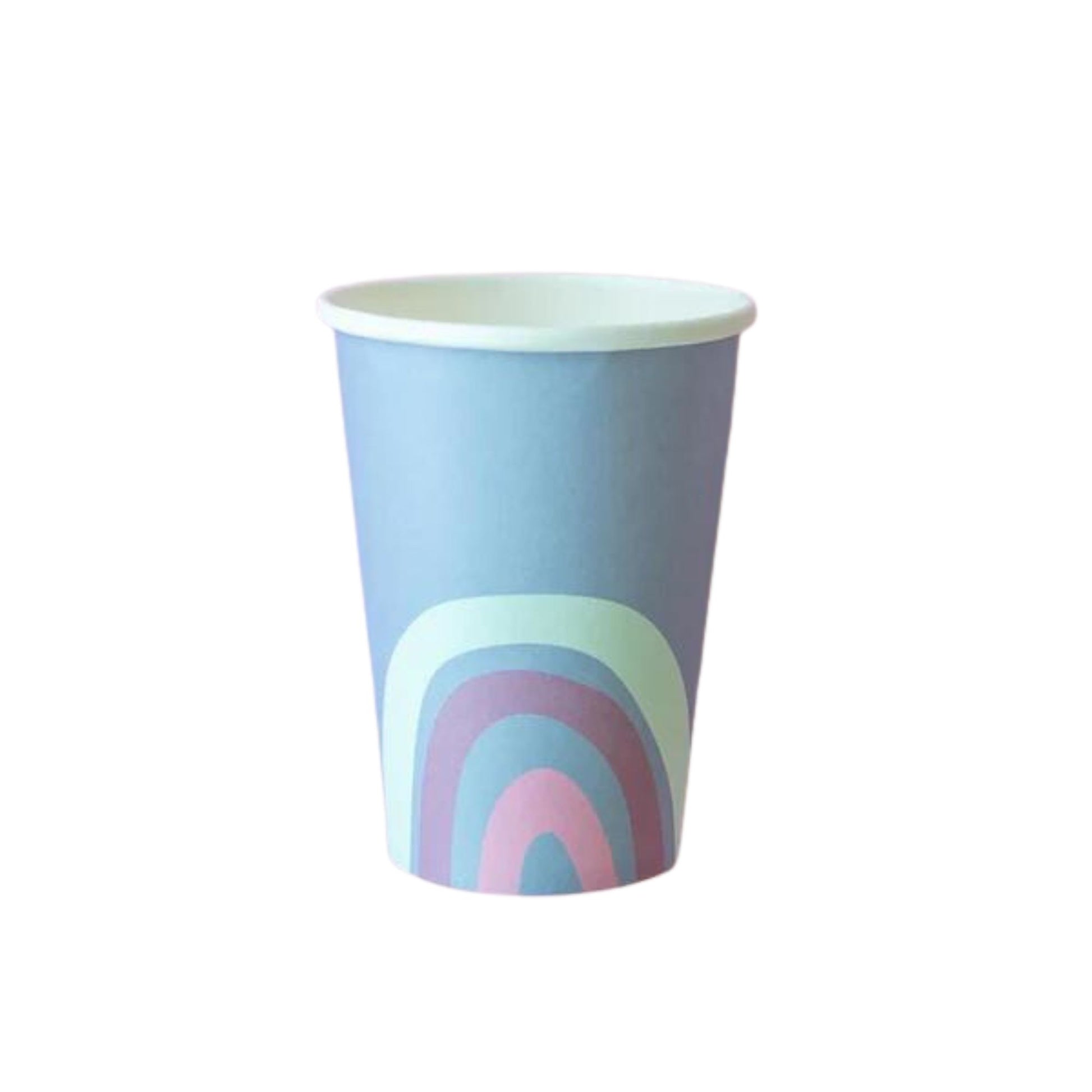  blue paper cup with rainbow illustration