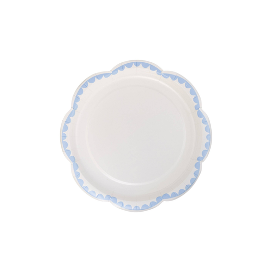 Light blue scalloped edge dessert plate with soft pastel detail, perfect for Toronto baby showers or birthdays.