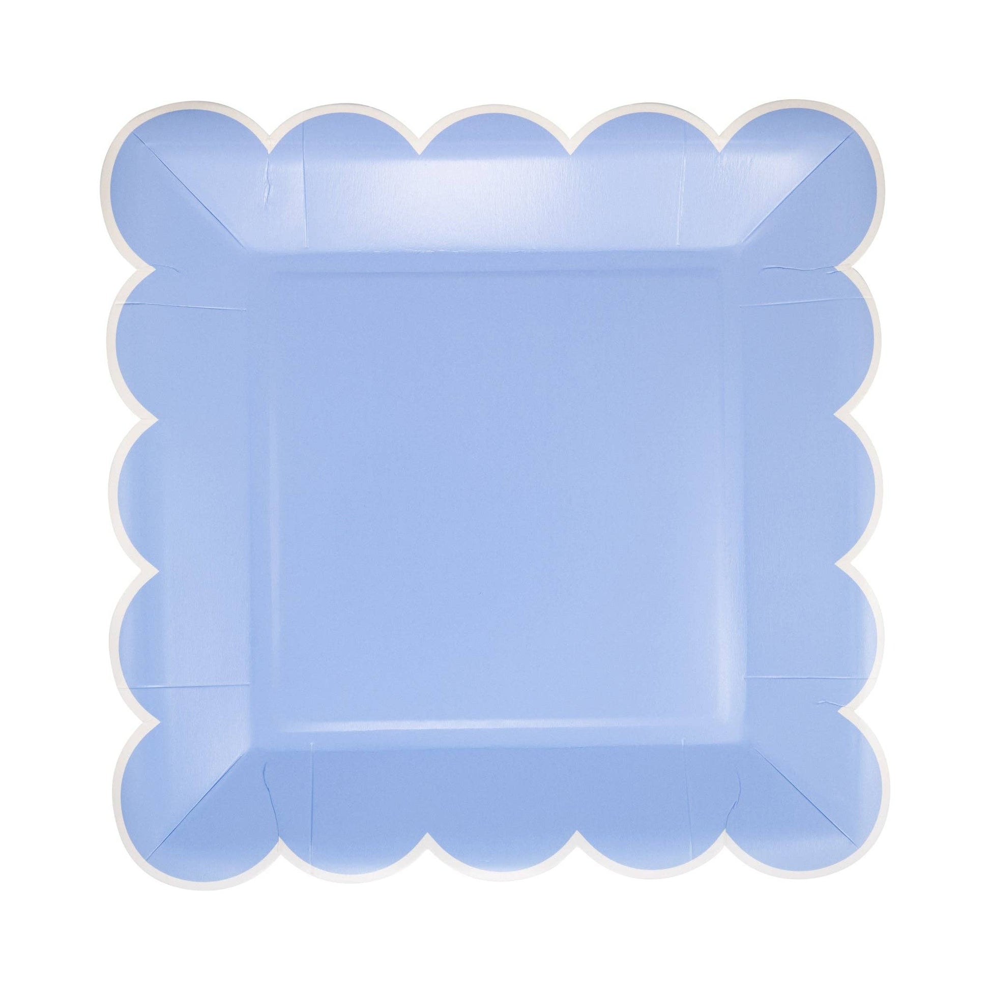 Blue scalloped  square paper party plate with white trim