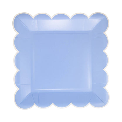 Blue scalloped  square paper party plate with white trim