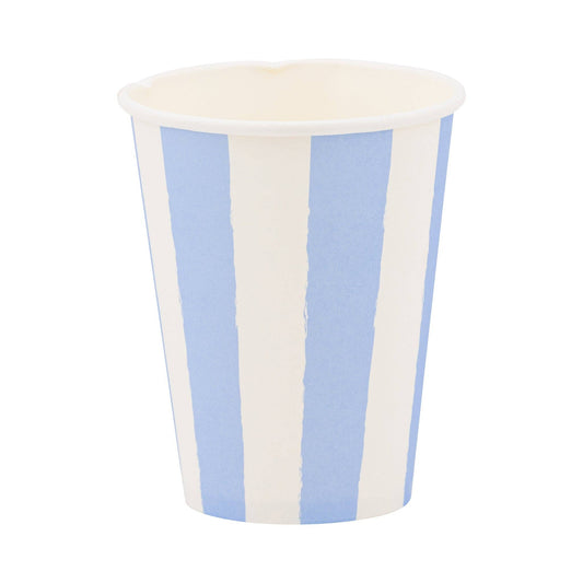 Light blue and white striped paper cup with bold vertical lines, perfect for Toronto parties and celebrations.