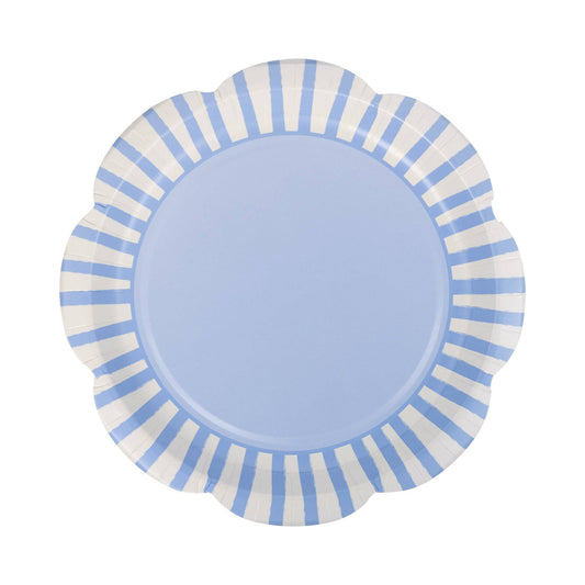 Light blue and white striped scalloped paper plate, perfect for stylish Toronto baby showers and parties.