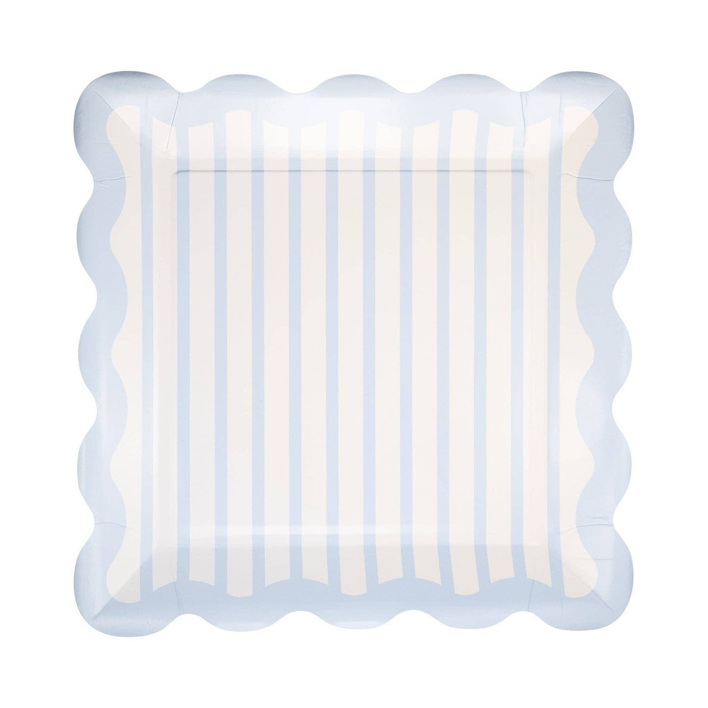 Decorative plate with scalloped edge and blue and white striped pattern on a white background