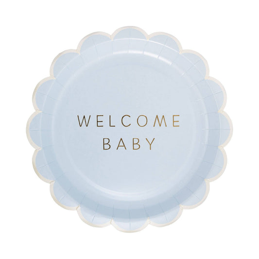 Light blue scalloped paper plate with gold ‘Welcome Baby’ text, perfect baby shower celebrations. Sold in Toronto and fast shipping Canada-wide.