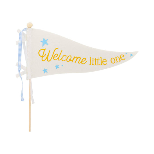 White felt pennant with gold ‘Welcome Little One’ text and blue stars, perfect for Toronto baby shower décor.