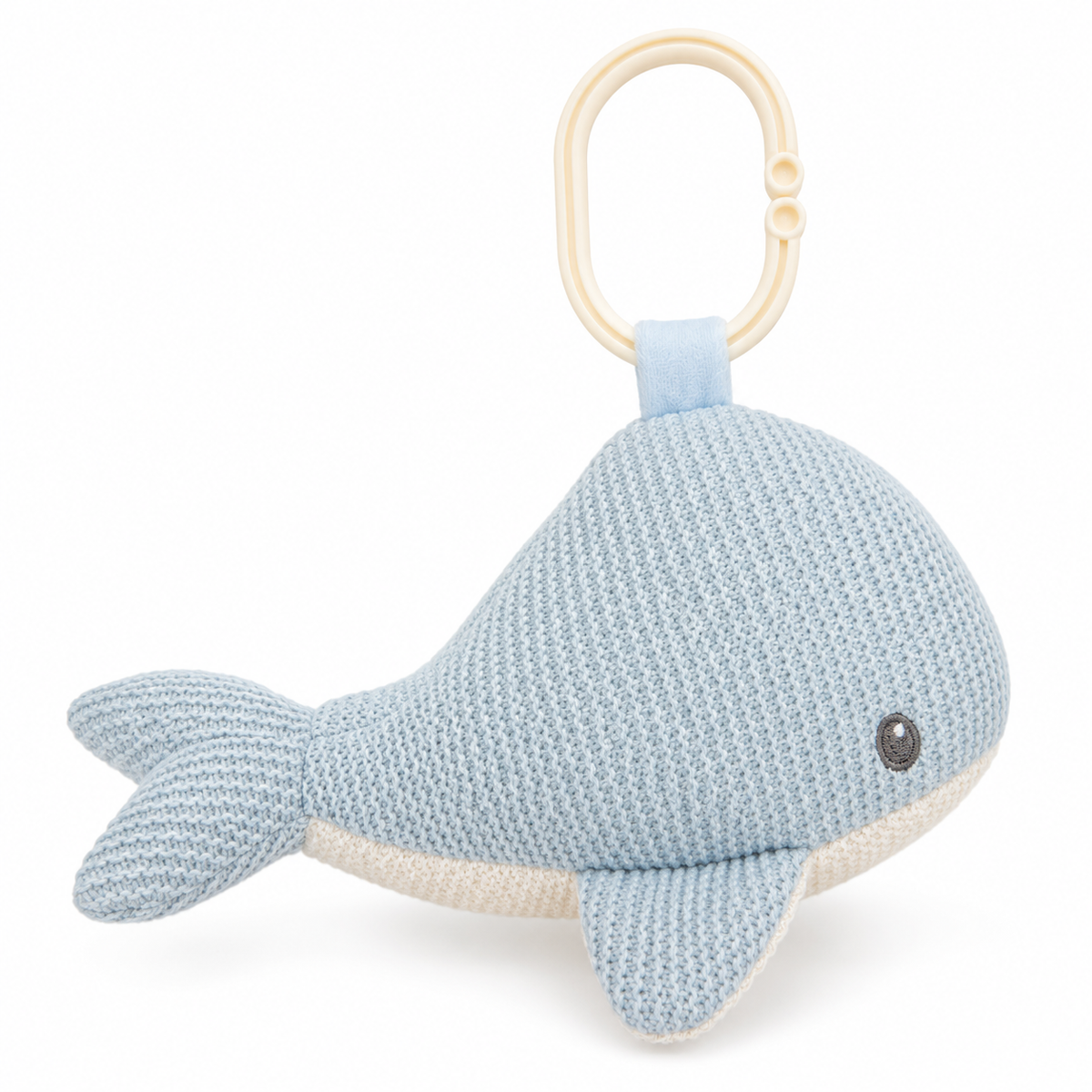 Soft blue knitted whale stroller plush with a handy attachment ring. A sweet gift for baby showers, newborns + ocean-themed nurseries. Toronto party supplies.