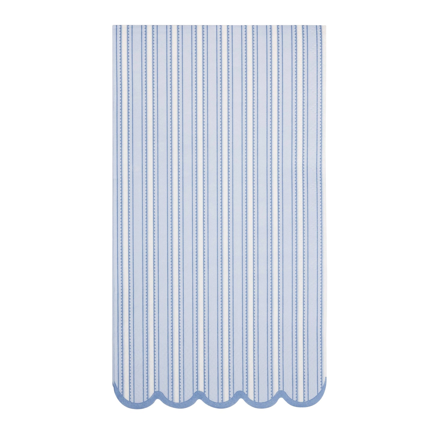 Blue striped dinner napkins with vertical pinstripes and scalloped edges, available at Confetti My Party in Toronto