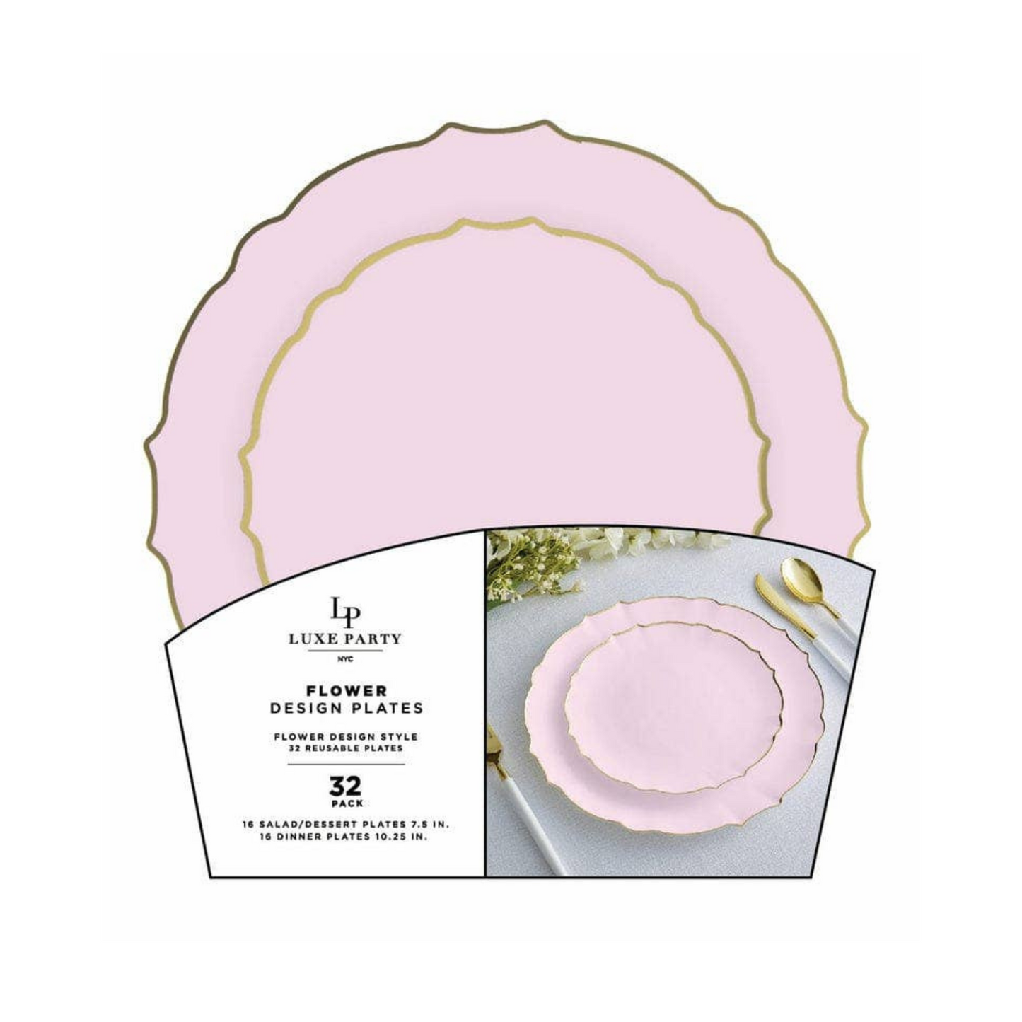 Luxe Party 32-pack pink flower design plates with scalloped gold trim, includes reusable dinner and dessert plates —perfect for elegant party table settings in Canada.