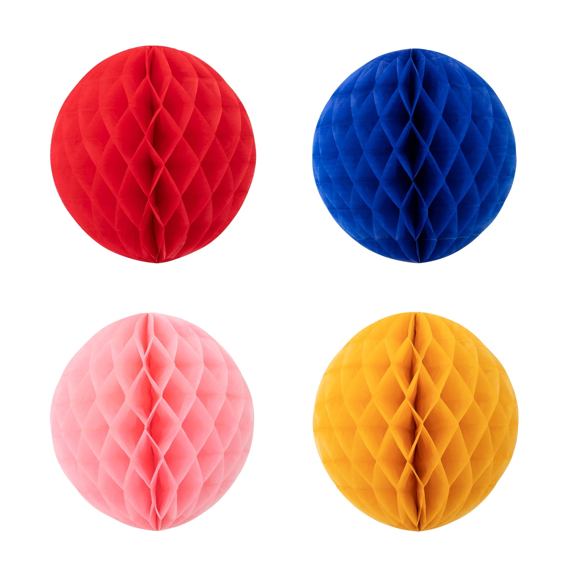 Set of four large honeycomb balls in red, blue, pink, and yellow
