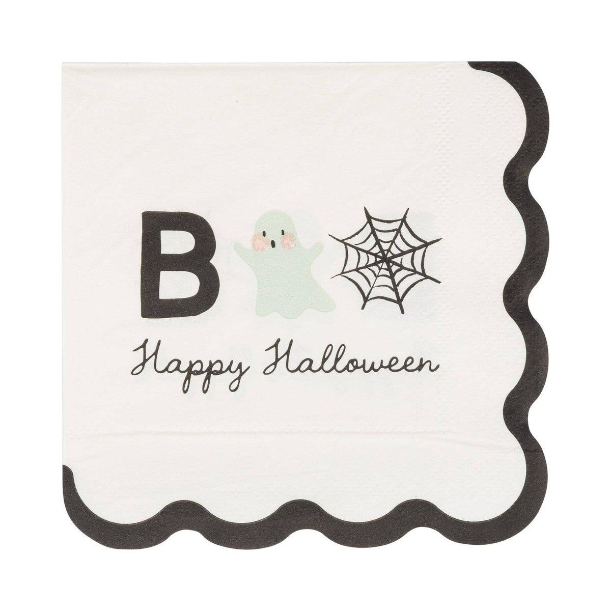 Boo Halloween cocktail napkins with ghost, spiderweb and black wavy edge
