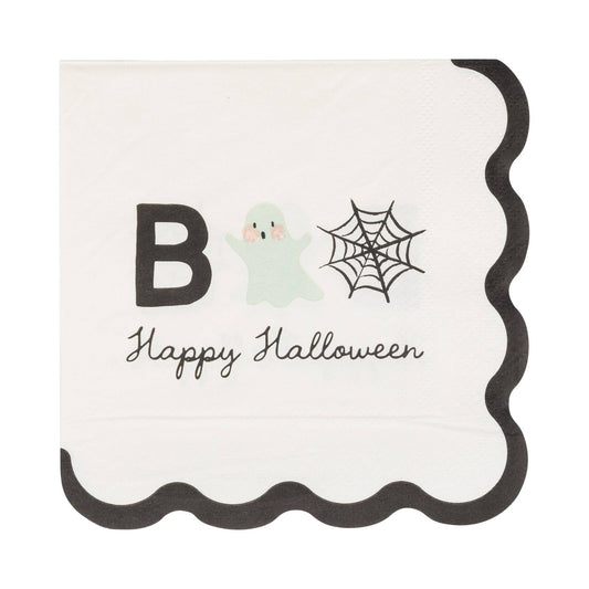 Boo Halloween cocktail napkins with ghost, spiderweb and black wavy edge