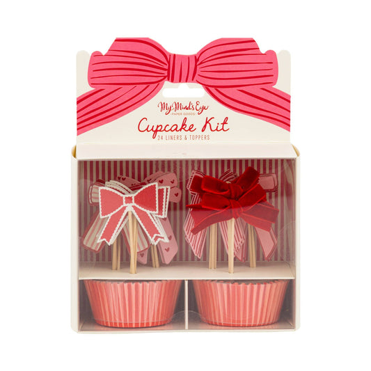 Pink and red bow cupcake kit with liners and toppers, sold in Toronto at Confetti My Party
