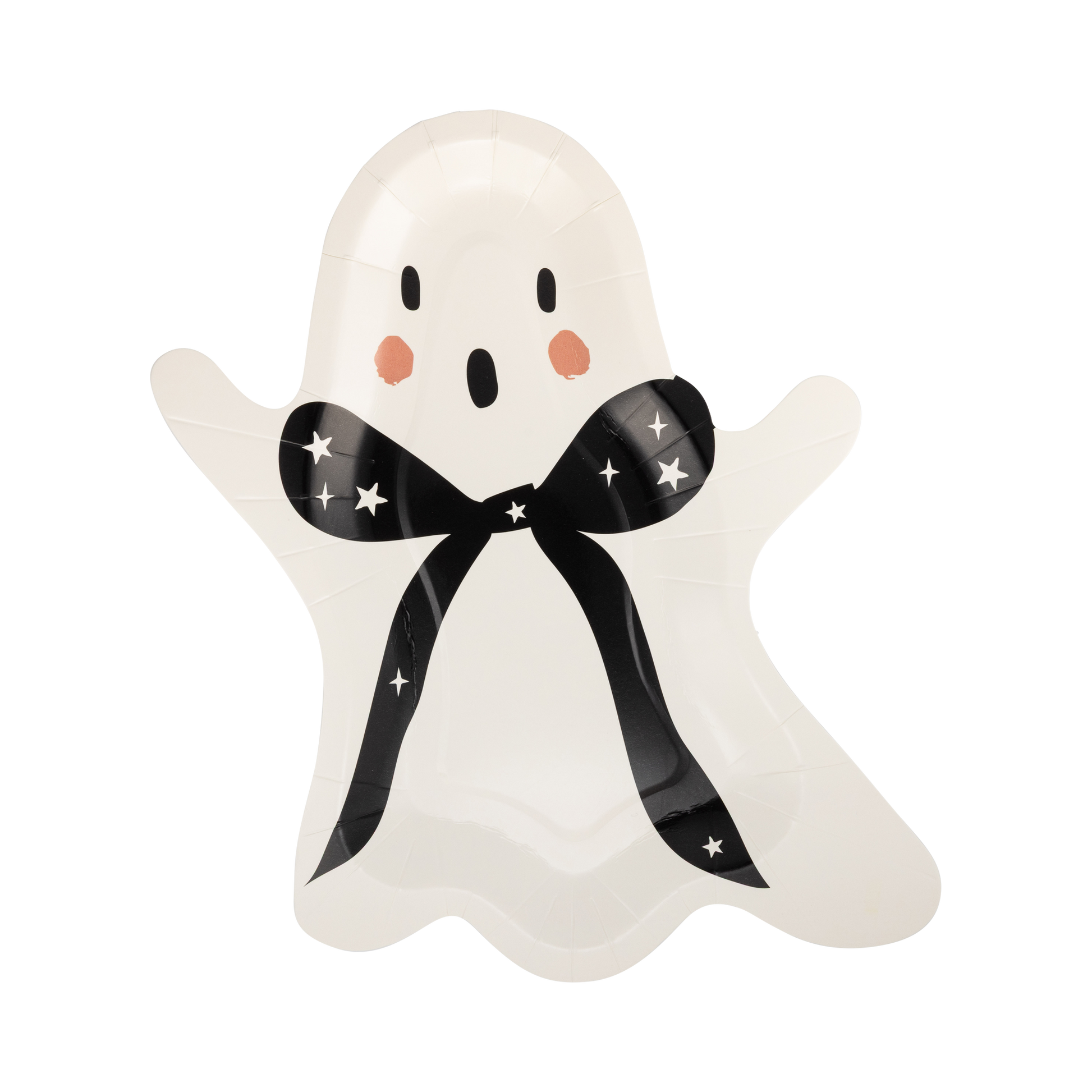 Ghost-shaped paper plate with a black bow on a white background
