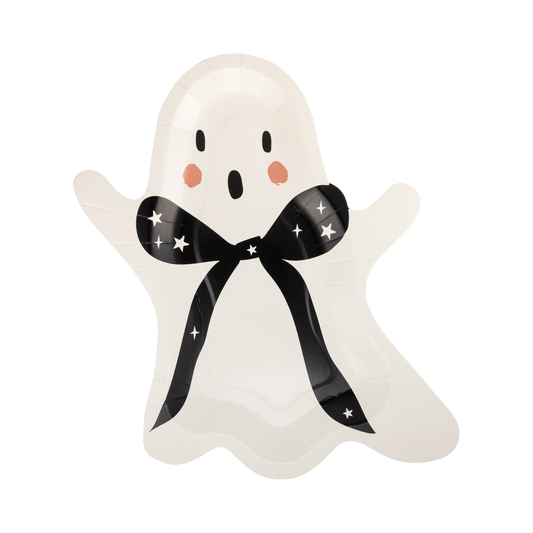 Ghost-shaped paper plate with a black bow on a white background