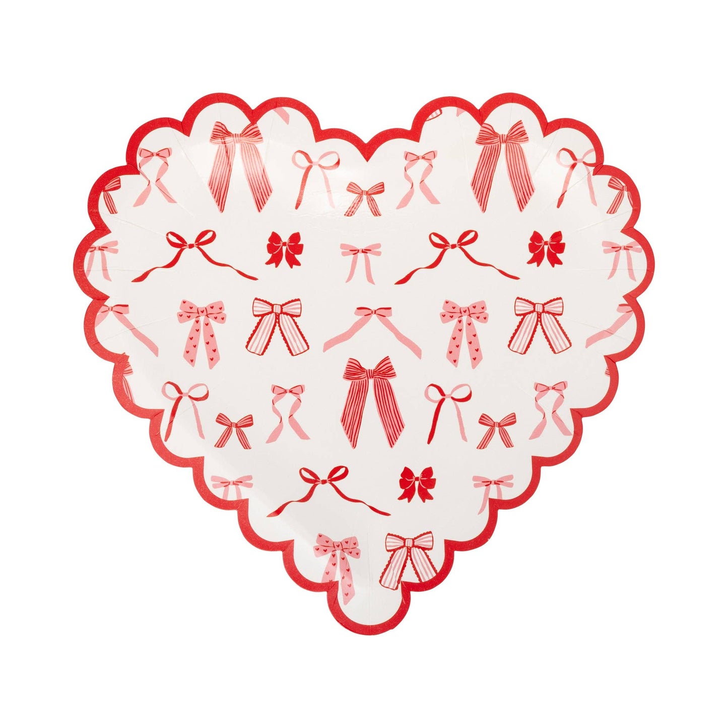 Heart-shaped paper plate with pink and red bow pattern and scalloped edge, sold in Toronto at Confetti My Party