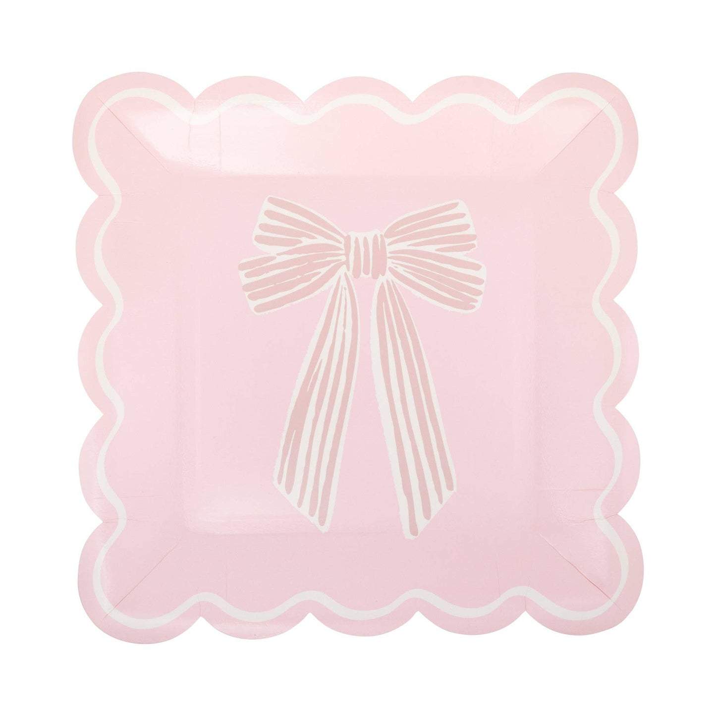 Pink scalloped dessert plate featuring a delicate bow illustration, sold in Toronto at Confetti My Party