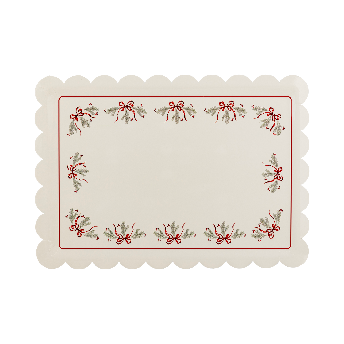 Festive paper platter with bows and pine greenery design, perfect for serving holiday treats at Christmas parties, available in Toronto and shipping across Canada.
