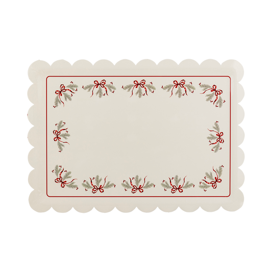 Festive paper platter with bows and pine greenery design, perfect for serving holiday treats at Christmas parties, available in Toronto and shipping across Canada.