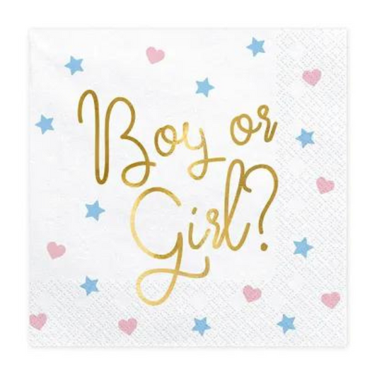 white napkin with pink hearts and blue stars. Message 'boy or girl' written in gold foil