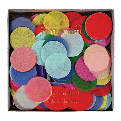 a box of round colourful paper confetti