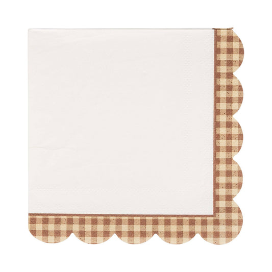 Brown gingham scalloped cocktail napkins with cream centre