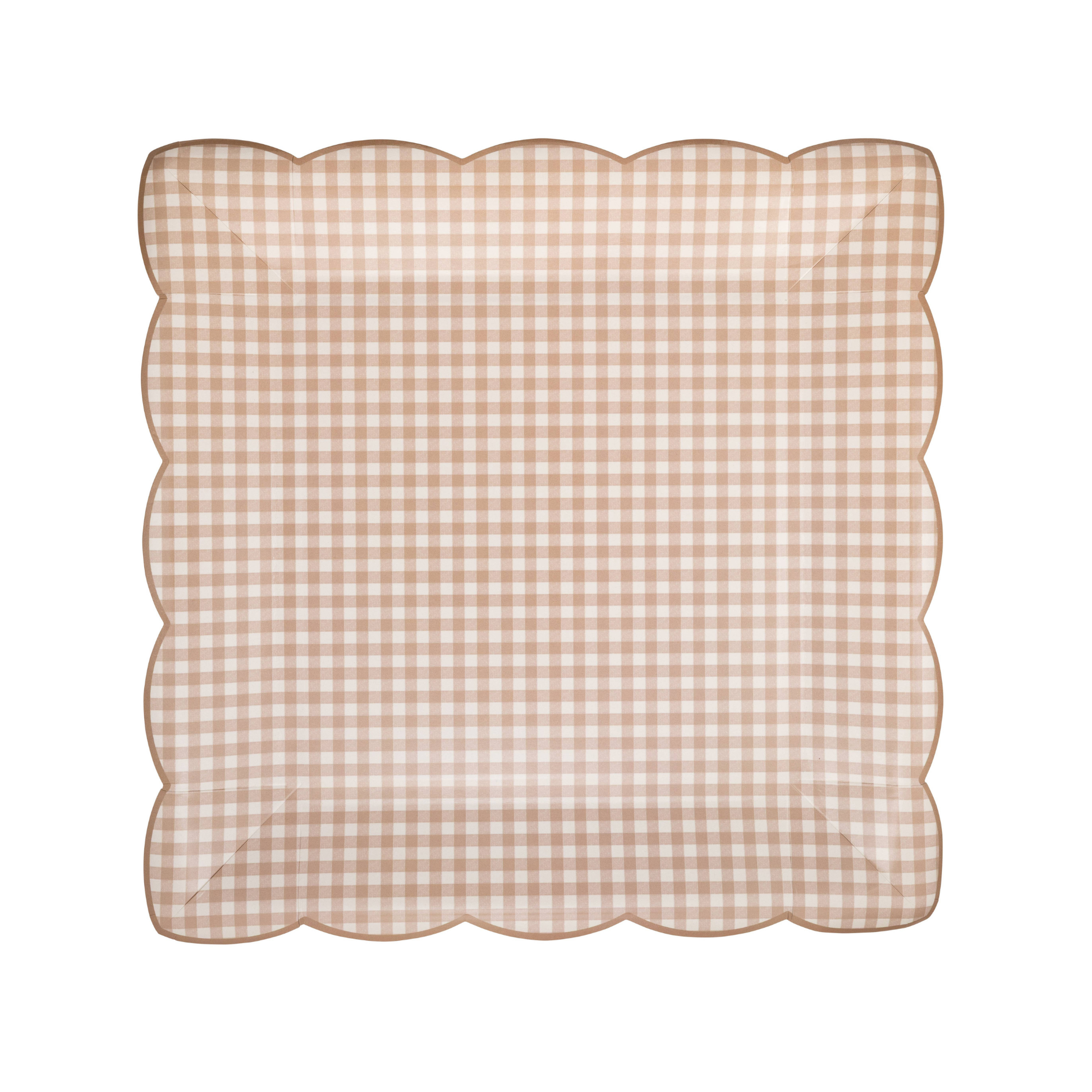 Neutral gingham scalloped paper plates with brown and beige check pattern, sold in Toronto at Confetti My Party