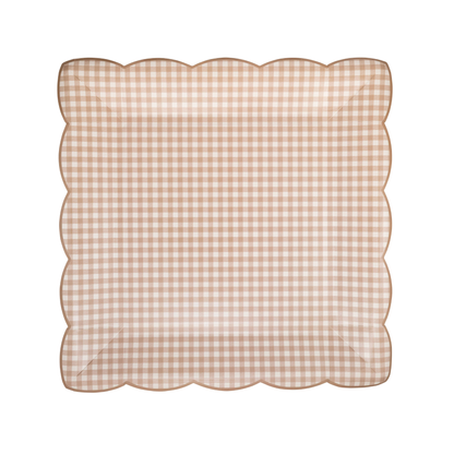Neutral gingham scalloped paper plates with brown and beige check pattern, sold in Toronto at Confetti My Party