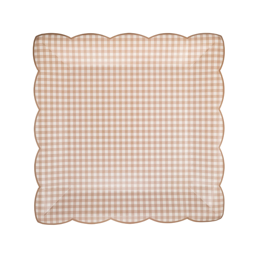 Neutral gingham scalloped paper plates with brown and beige check pattern, sold in Toronto at Confetti My Party