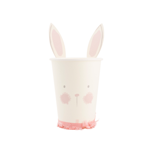 Single bunny Easter paper cup with pink face details and fringe base, available in Toronto