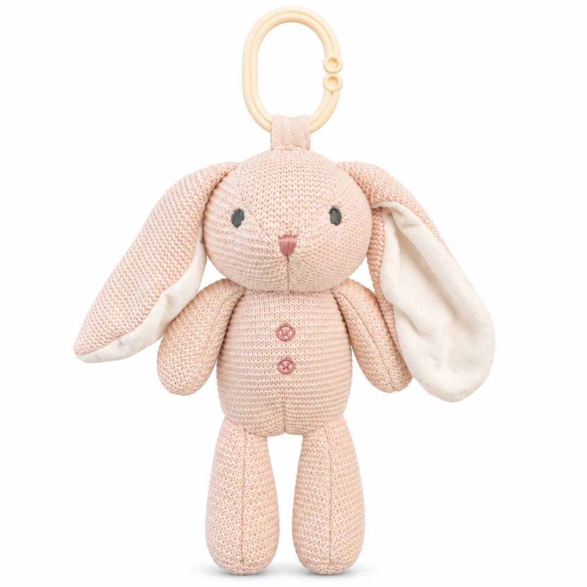 Blush pink knitted bunny stroller plush toy with long floppy ears, cream lining, embroidered face and ivory attachment ring. Pick up in Toronto + Canada-wide shipping available.