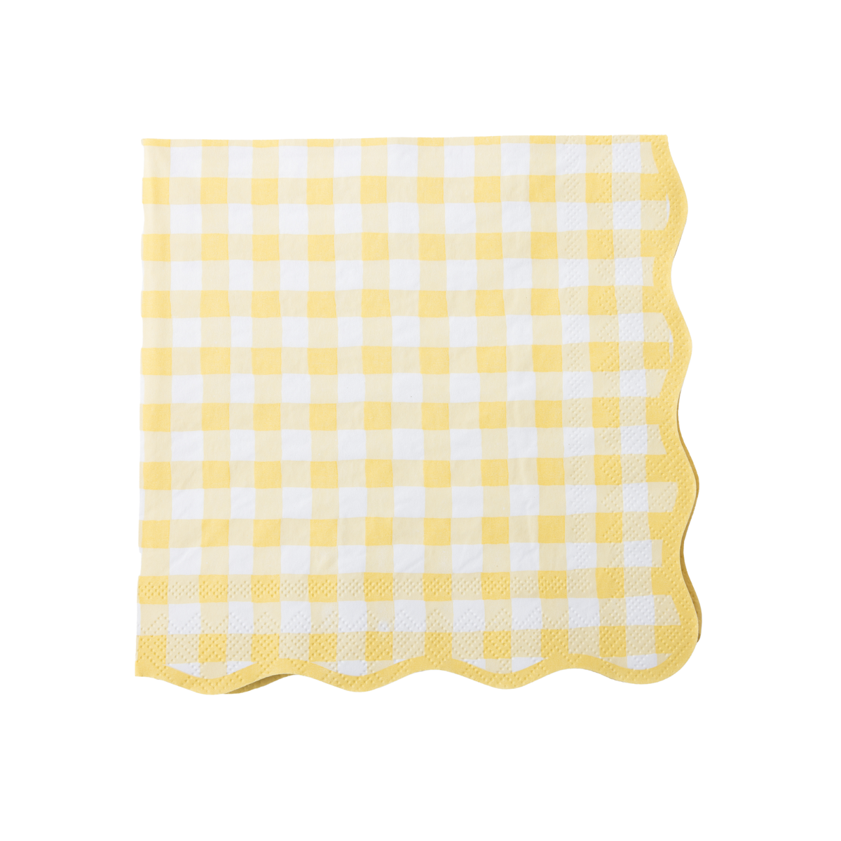 Butter yellow and white gingham large paper napkins with scalloped edges. Pick up in Toronto and Canada-wide shipping available.