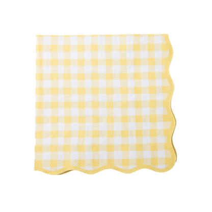Butter yellow and white gingham large paper napkins with scalloped edges. Pick up in Toronto and Canada-wide shipping available.