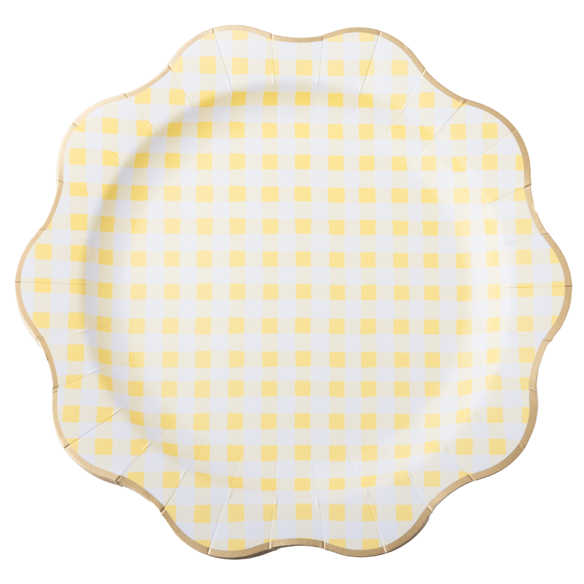 Butter yellow gingham paper party plates with scalloped edges and gold foil trim