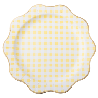 Butter yellow gingham paper party plates with scalloped edges and gold foil trim