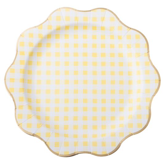 Butter yellow gingham paper party plates with scalloped edges and gold foil trim