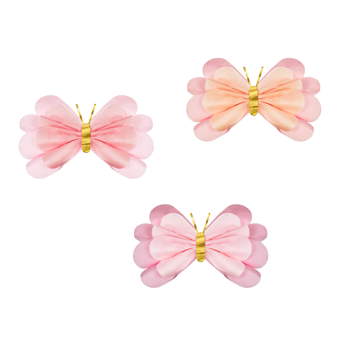 Set of three paper butterfly decorations in pink and gold colors with gold details.