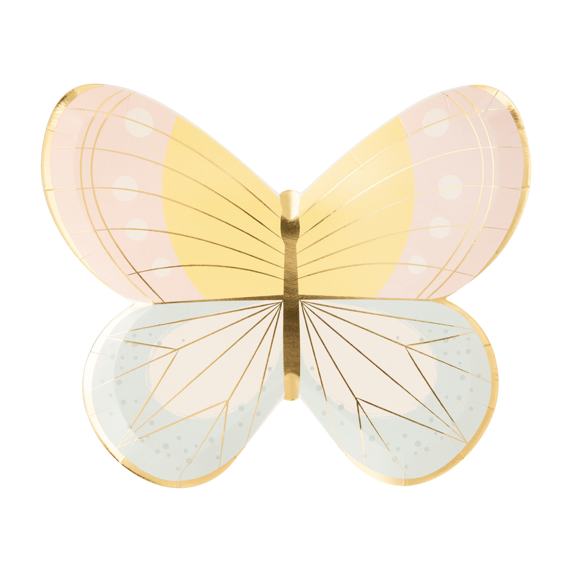 Butterfly-shaped paper plate with gold accents on a white background