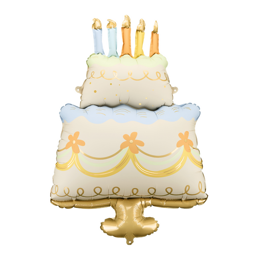Cake-shaped foil balloon with pastel layers and candles, available in Toronto and shipping across Canada & USA