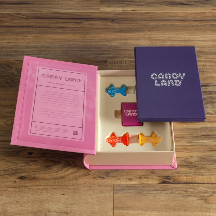 Open Candy Land vintage bookshelf box showing storage of cards and pieces, ships across Canada.