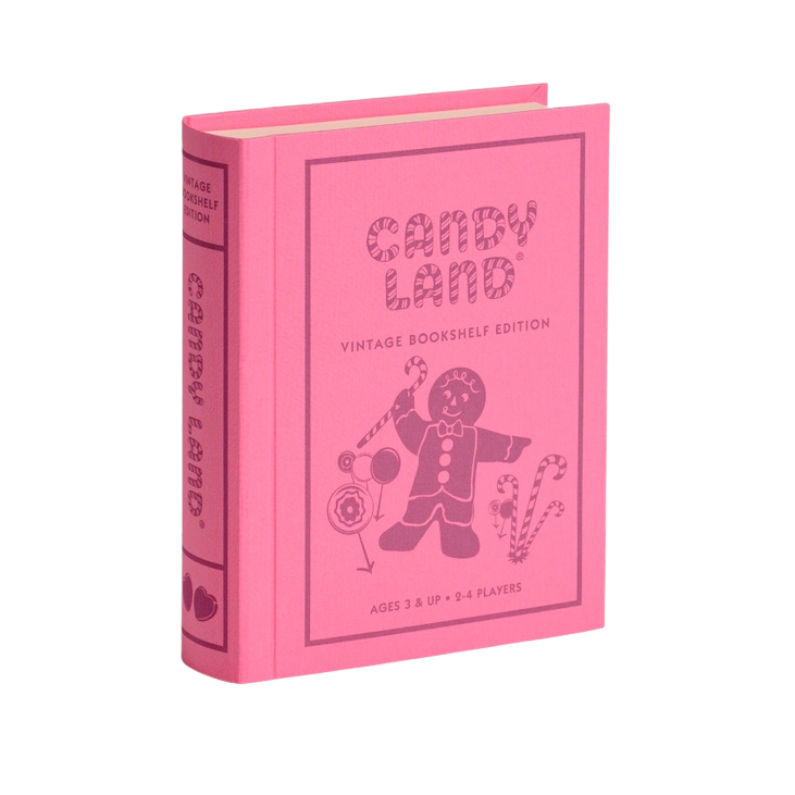 Candy Land Vintage Bookshelf Edition in pink linen book box, perfect for game night and decor. Sold in Toronto at Confetti My party and ships Canada-wide and USA.