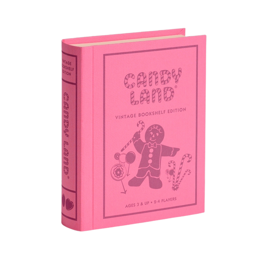 Candy Land Vintage Bookshelf Edition in pink linen book box, perfect for game night and decor. Sold in Toronto at Confetti My party and ships Canada-wide and USA.